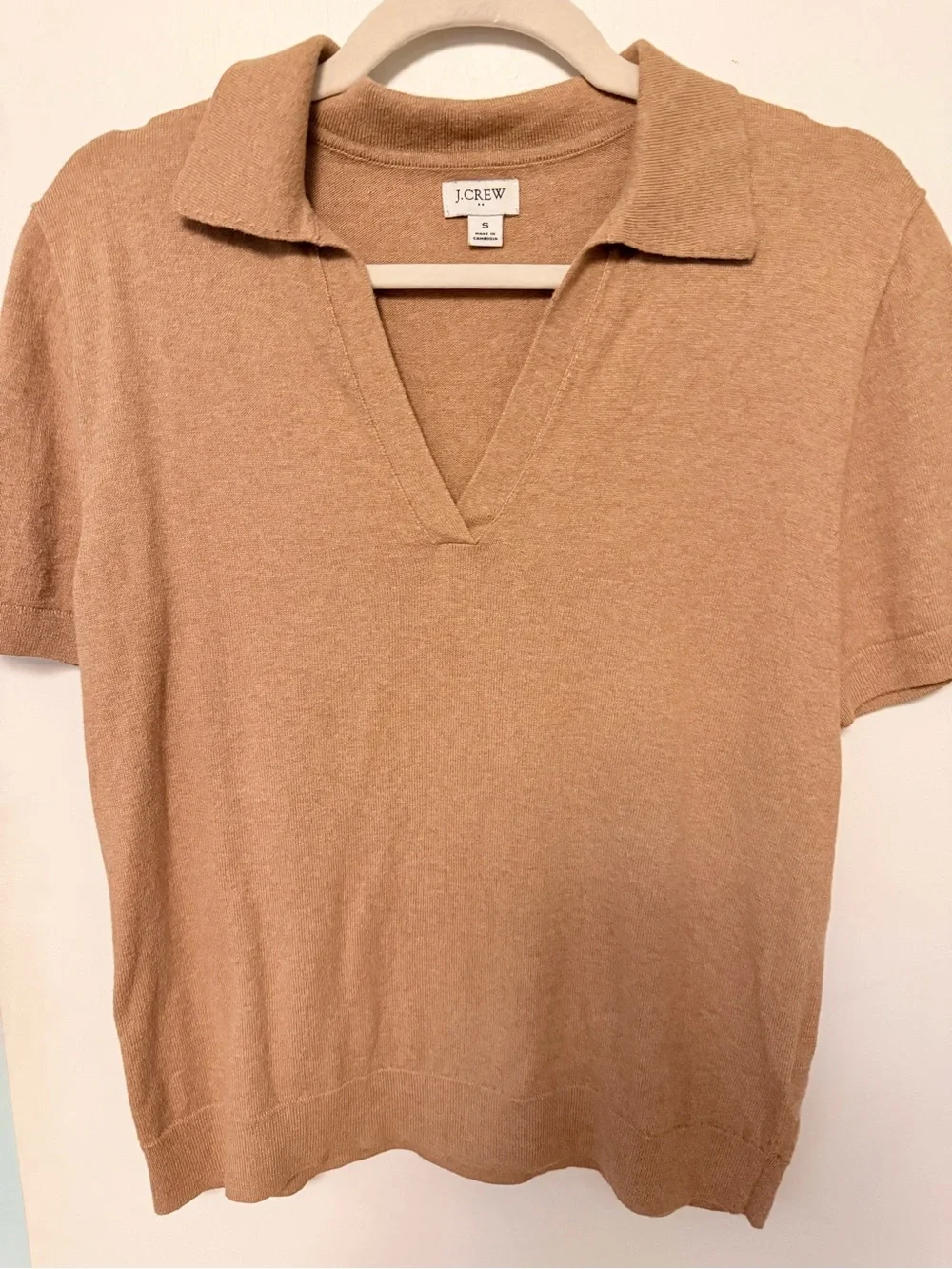 J. Crew Short-Sleeve V-Collar Polo Sweater in Tan